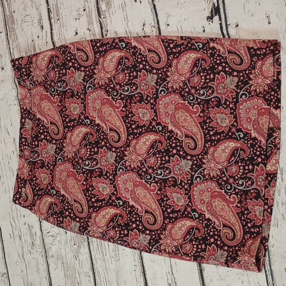 Talbots Pink Blue Black Floral Paisley Print Cotton Blend Pencil Midi Skirt 10